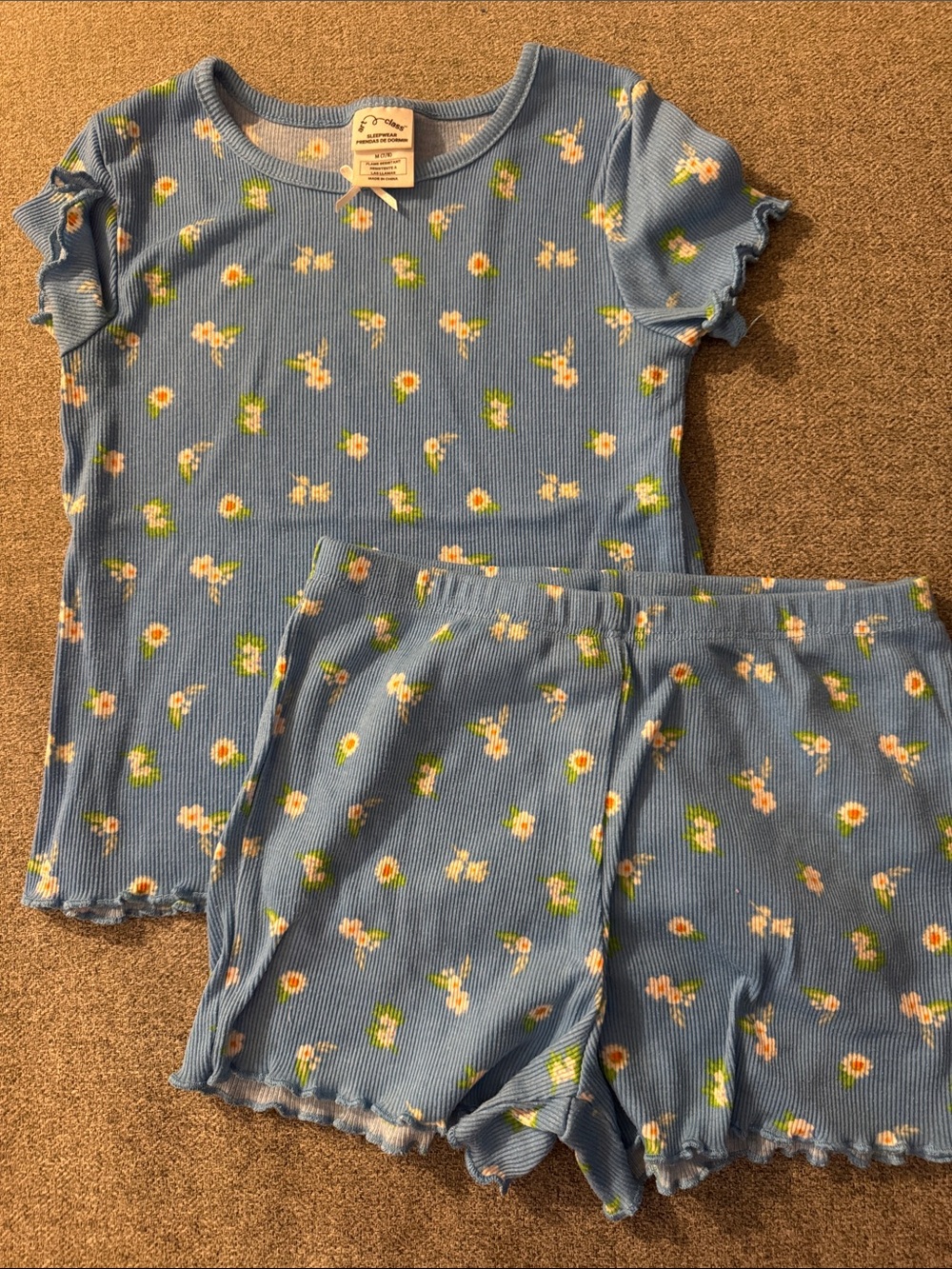 5/$15- art class Blue Floral Ribbed Short Sleeve Kids Pajama Set